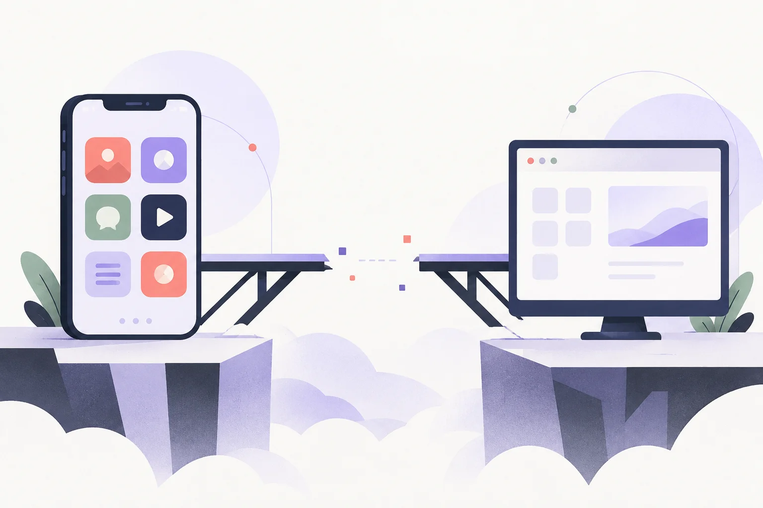 A phone app tile and a desktop window separated by a small bridge with an incomplete center