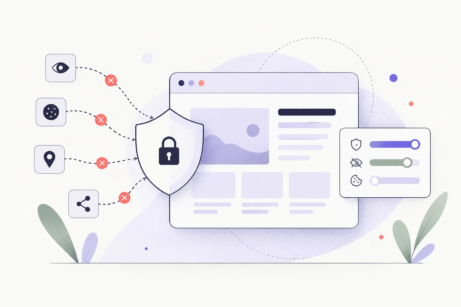 A browser card with dotted tracking lines stopped by a pale shield and a small settings slider