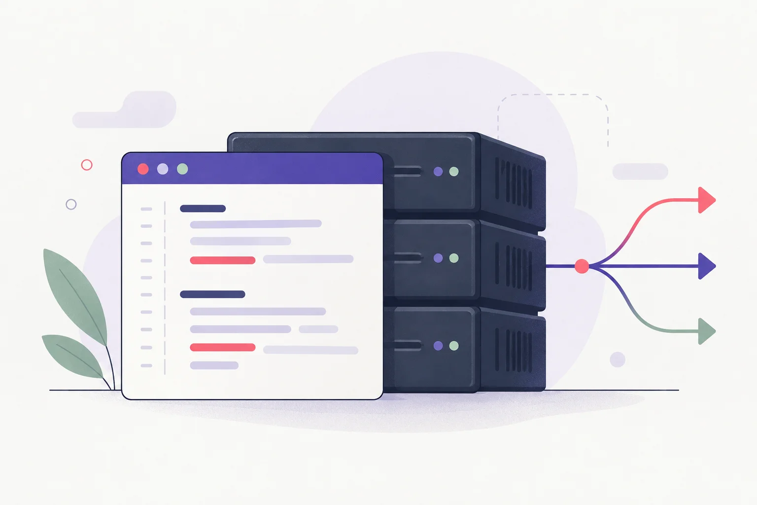 A configuration card in front of three server drawers with a simple branching redirect arrow