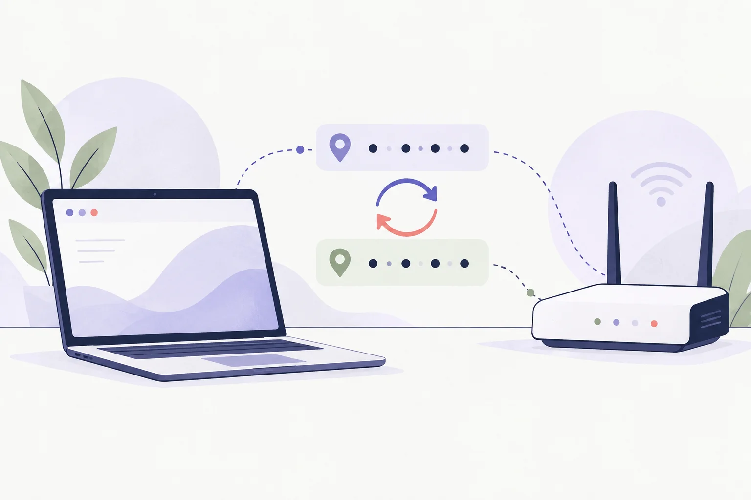 A laptop, router and two address-like abstract rows connected by a careful switch arrow