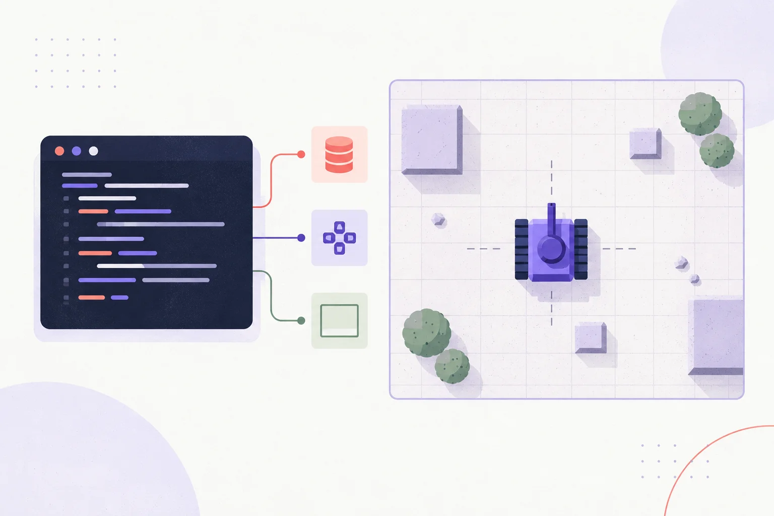 A console tank game: separating state, input and drawing A minimal top-down toy tank drawn from simple geometry on a faint grid beside a dark code card