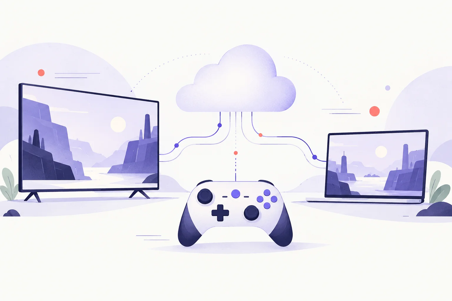 A small game controller linked through a pale cloud to two different screen outlines