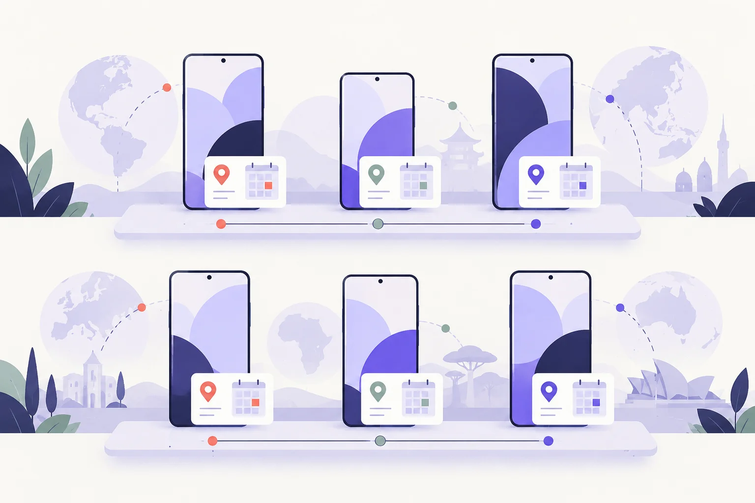 Three phone cards with small calendar and region-pin symbols, arranged in two tidy rollout rows