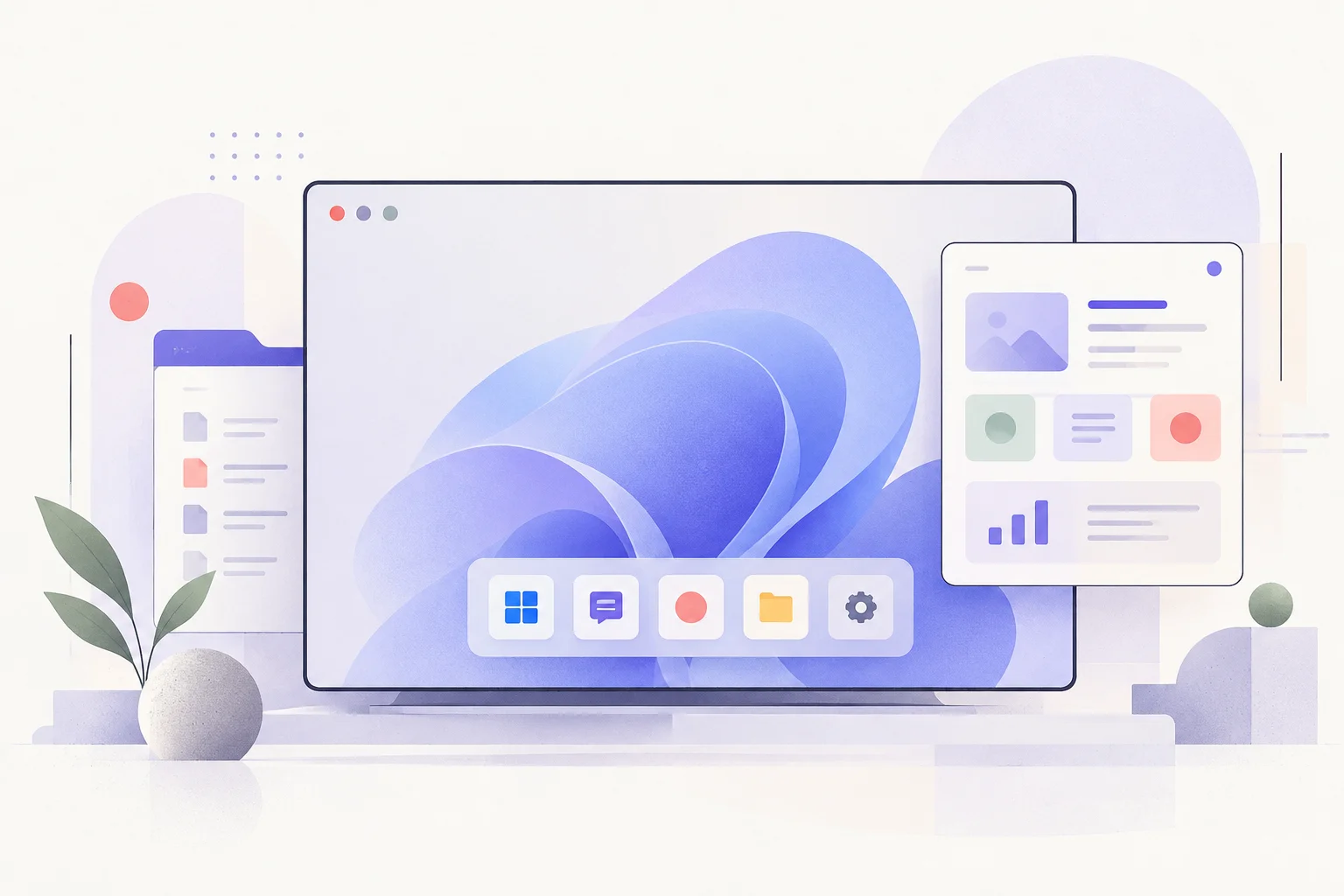 A desktop window with a centered strip of app tiles and a floating widget card beside a small archive tab