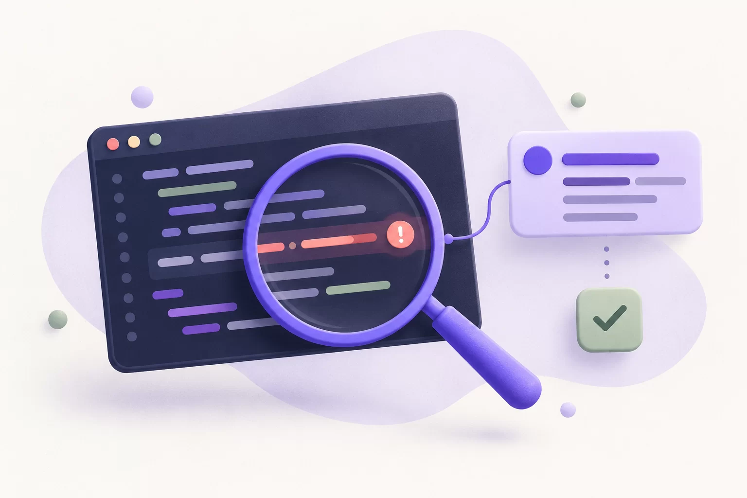 A magnifying glass highlights an error in a code window beside an AI assistant card and a check mark.