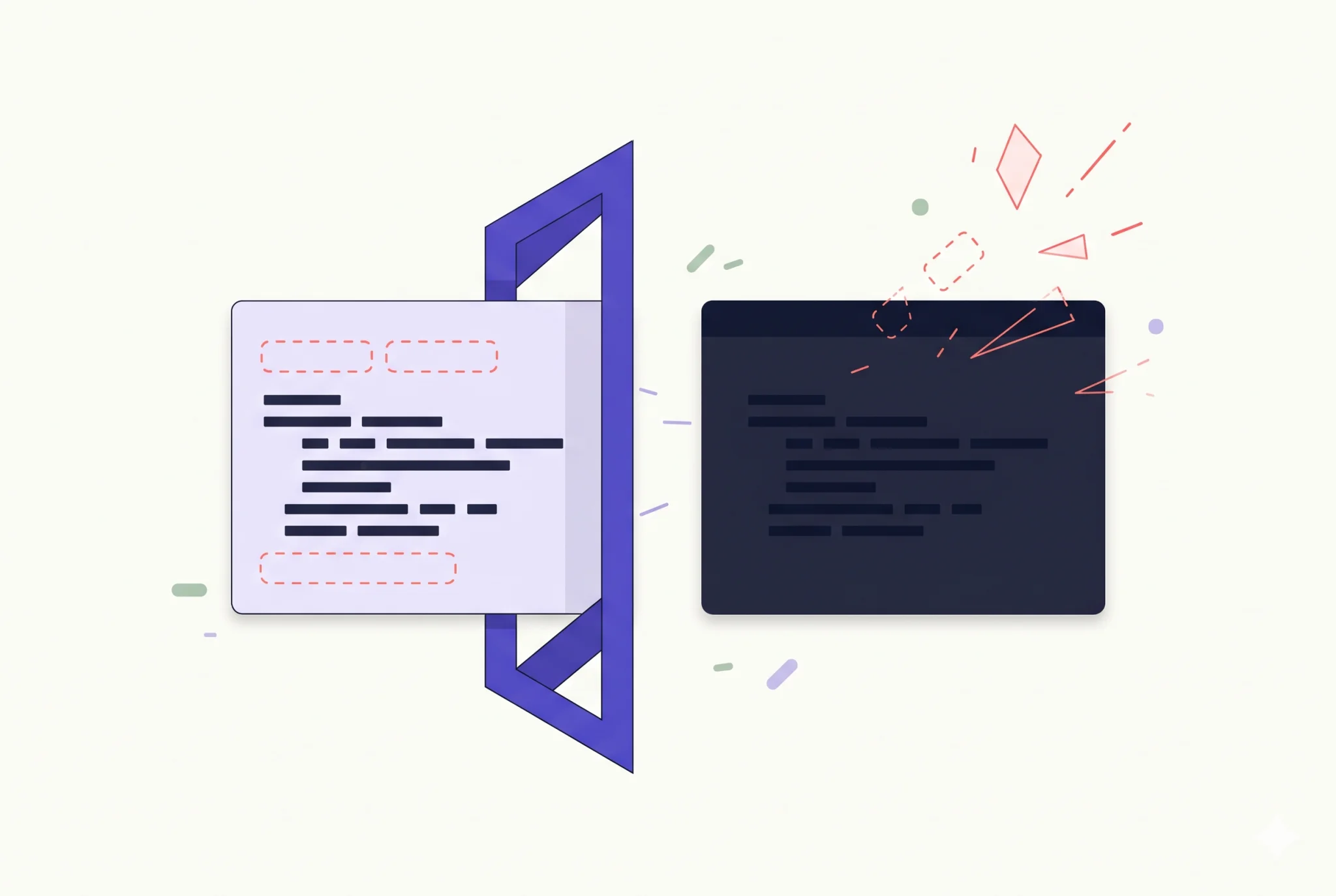 Geometric editorial illustration on a warm ivory background showing a floating code card sliding through a violet filter frame that strips away coral outline tags, leaving solid dark ink blocks inside a terminal card.