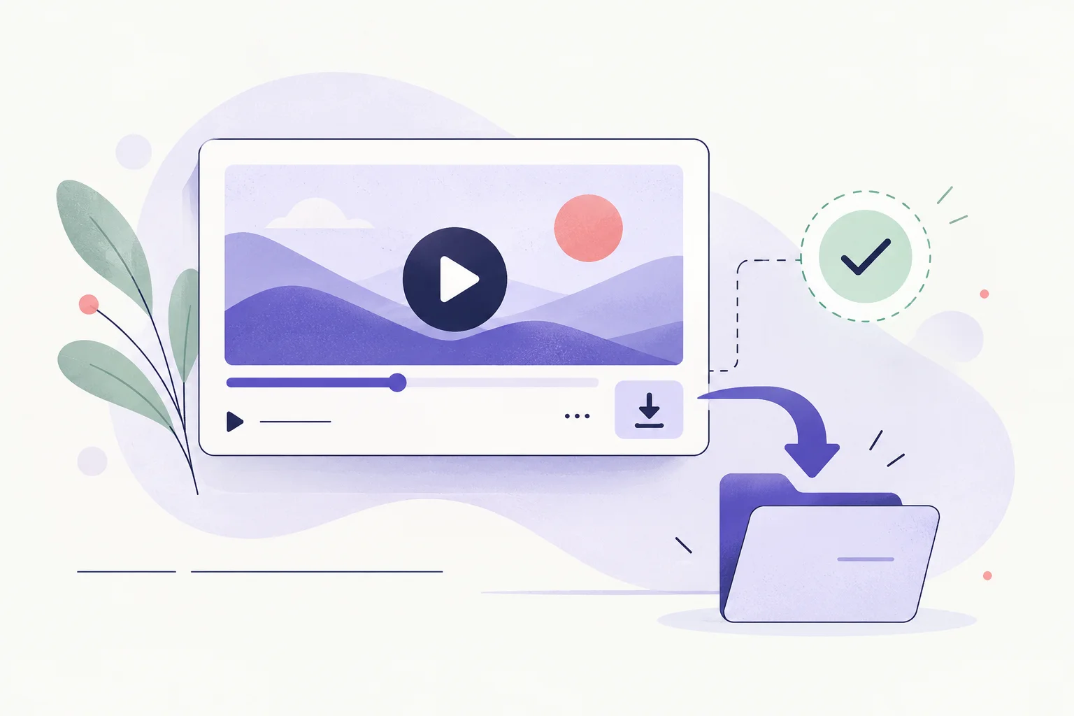 A video player card and a downward arrow entering a small folder, beside a permission check mark
