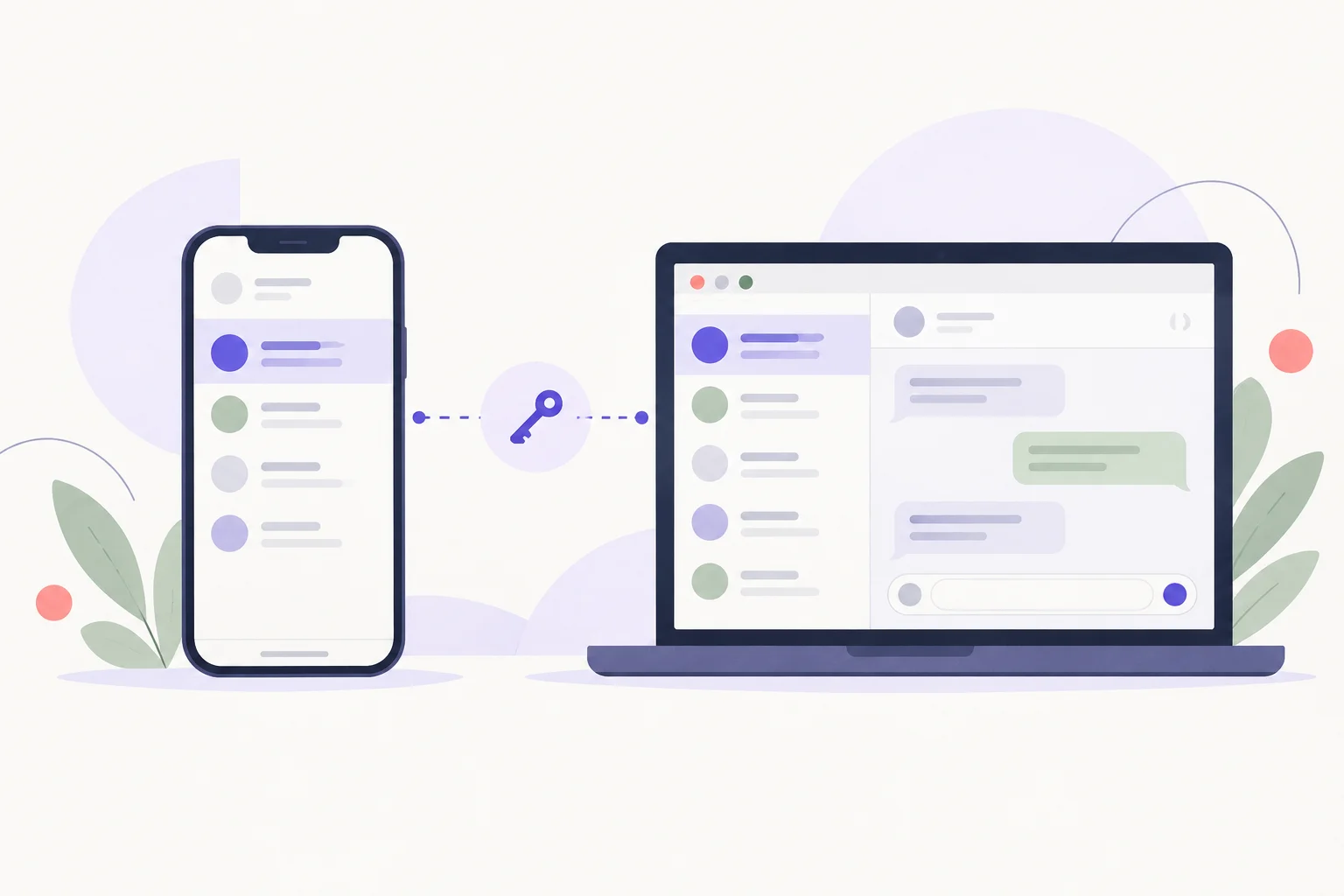 A phone and a desktop chat window joined by a clean dotted link and a small key