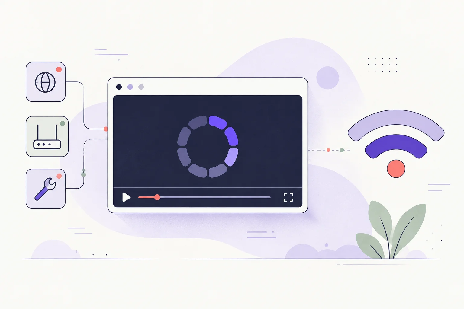 A video player with a segmented buffering ring beside a simple connection signal