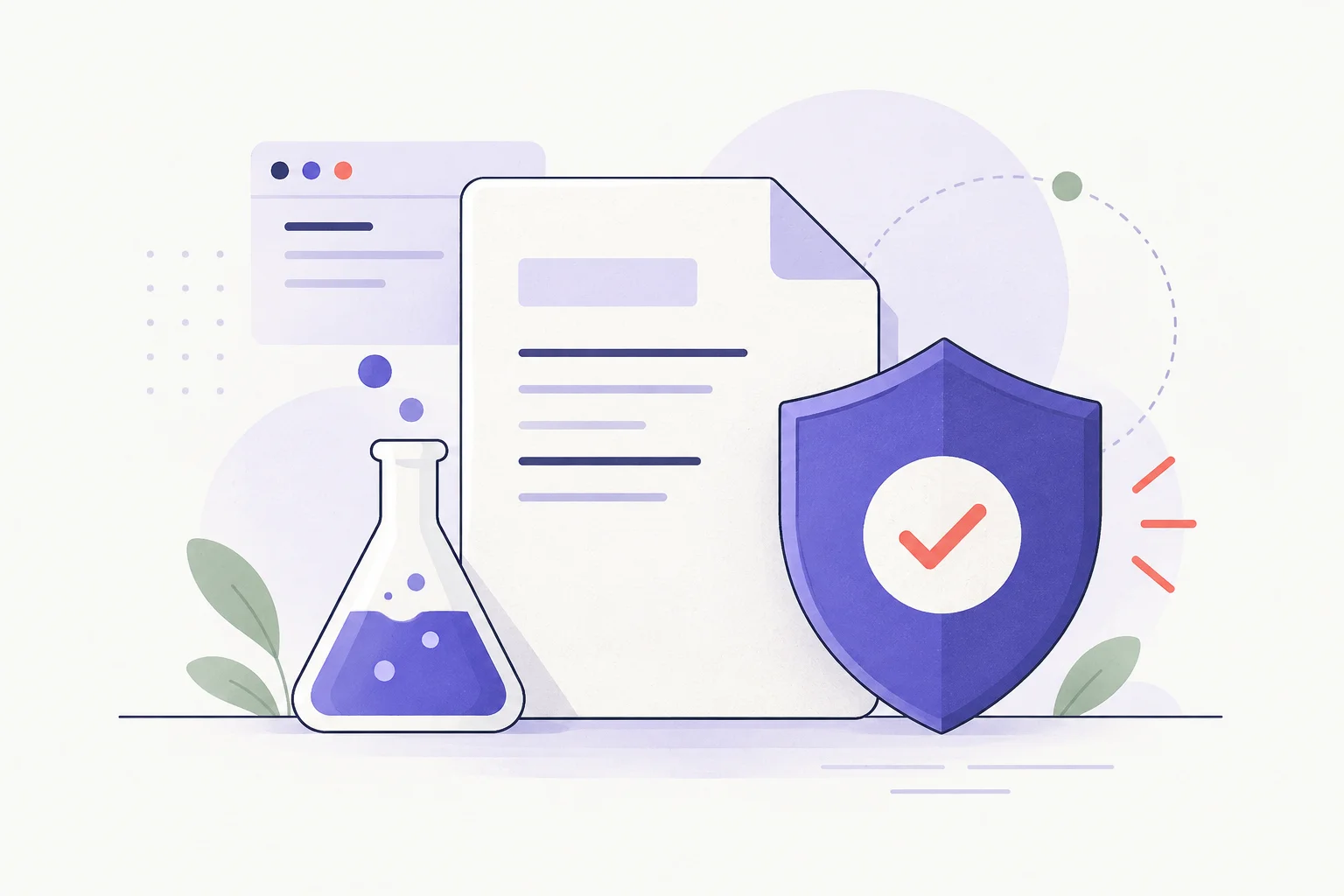A file card with a small laboratory flask beside a violet shield and one detection check