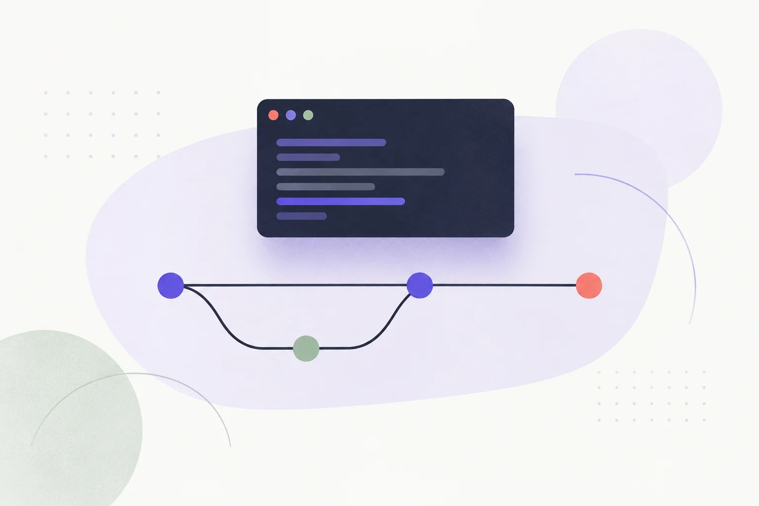Git cheat sheet: everyday commands with fewer surprises A floating dark terminal card and a clean three-node Git branch path with one merge