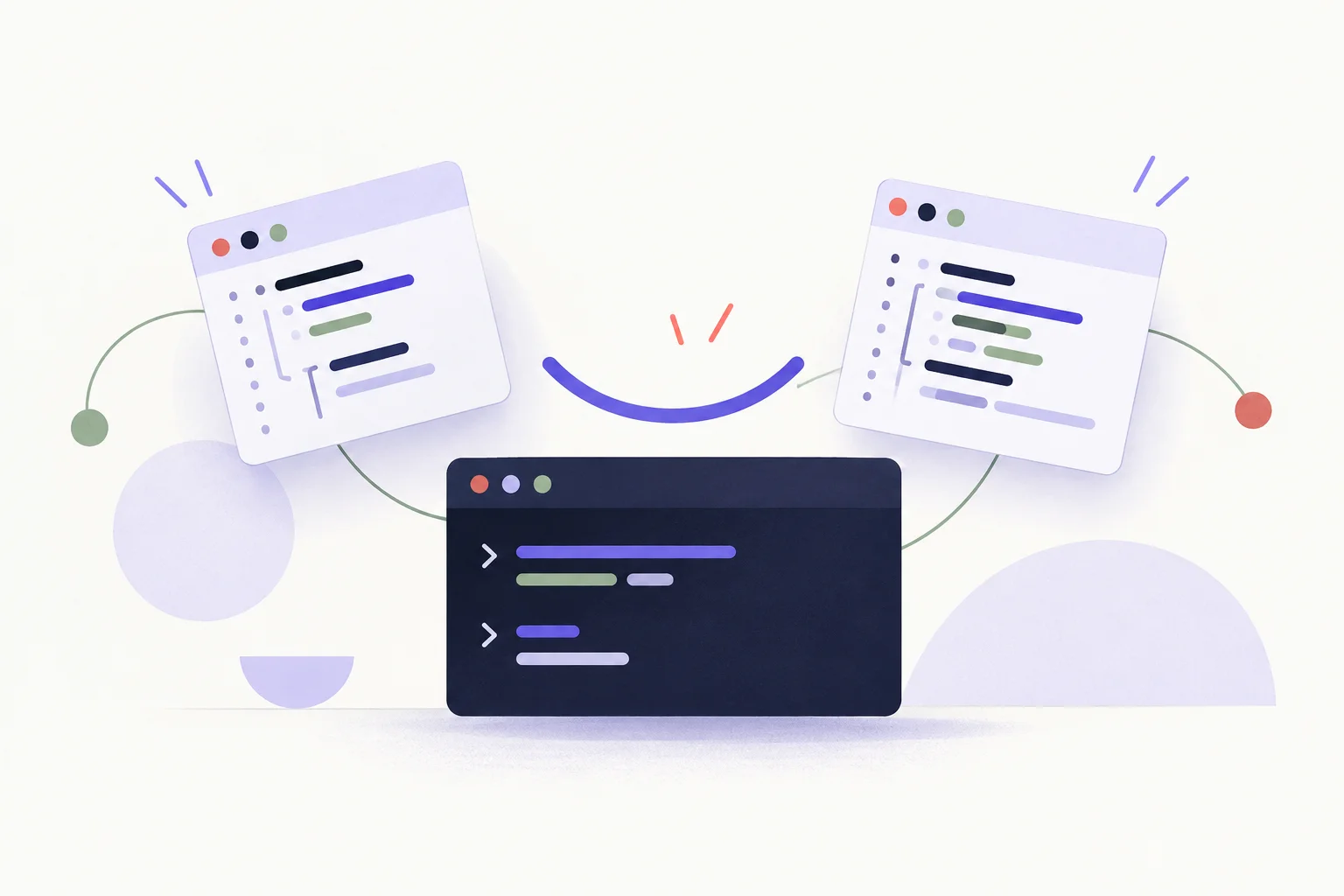 Programming jokes that work without putting people down Two small code cards and a terminal with a subtle smiling curve made from abstract geometry, no face or people