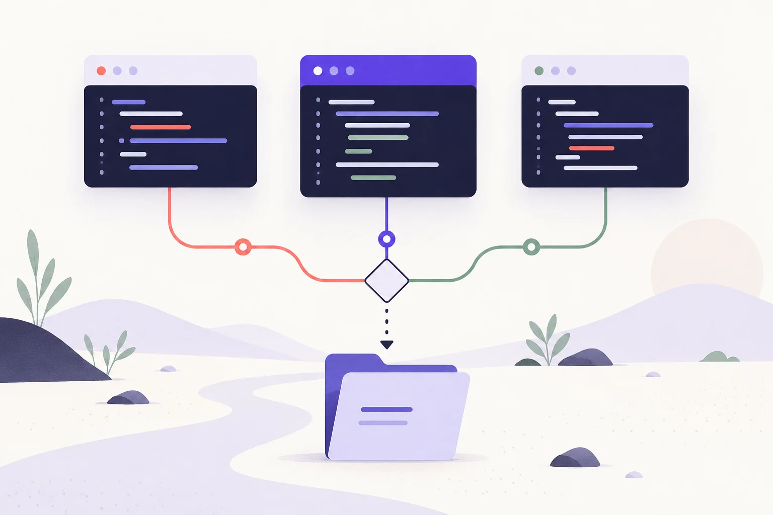 Choosing a programming language for a real project Three different abstract code cards laid beside a simple decision path and a small project folder
