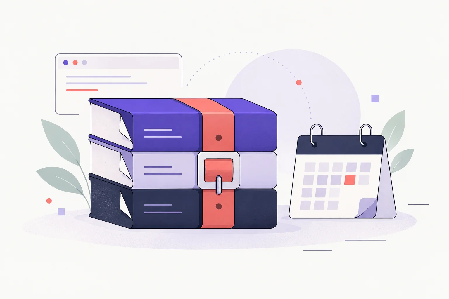 An archive box with three folded document layers and a small outlined historical calendar