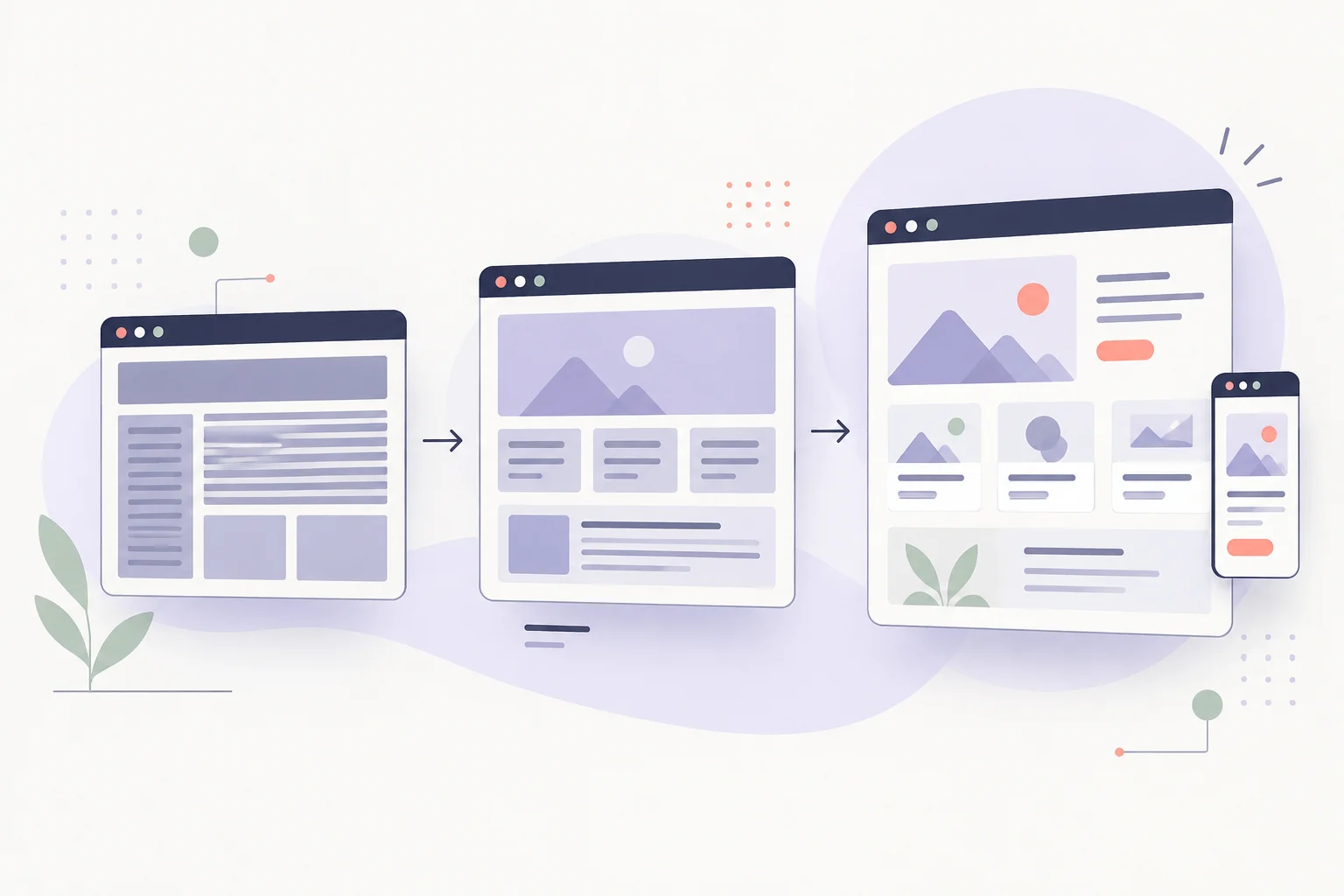 Three floating browser cards progressing from dense simple blocks to an airy responsive layout