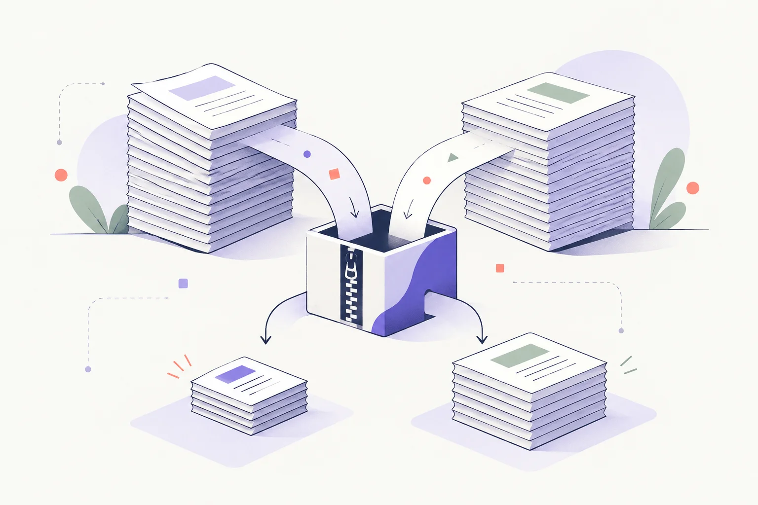 Two document stacks entering a small archive box, one compressed modestly and one nearly unchanged