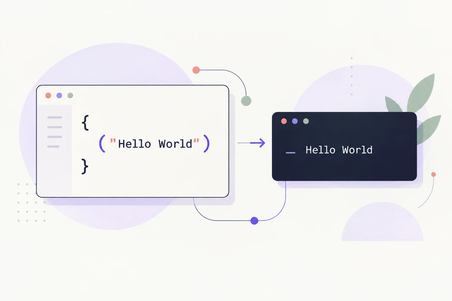 Print Hello World in C without a semicolon A small ivory code card with abstract brackets and a single output line in a dark terminal
