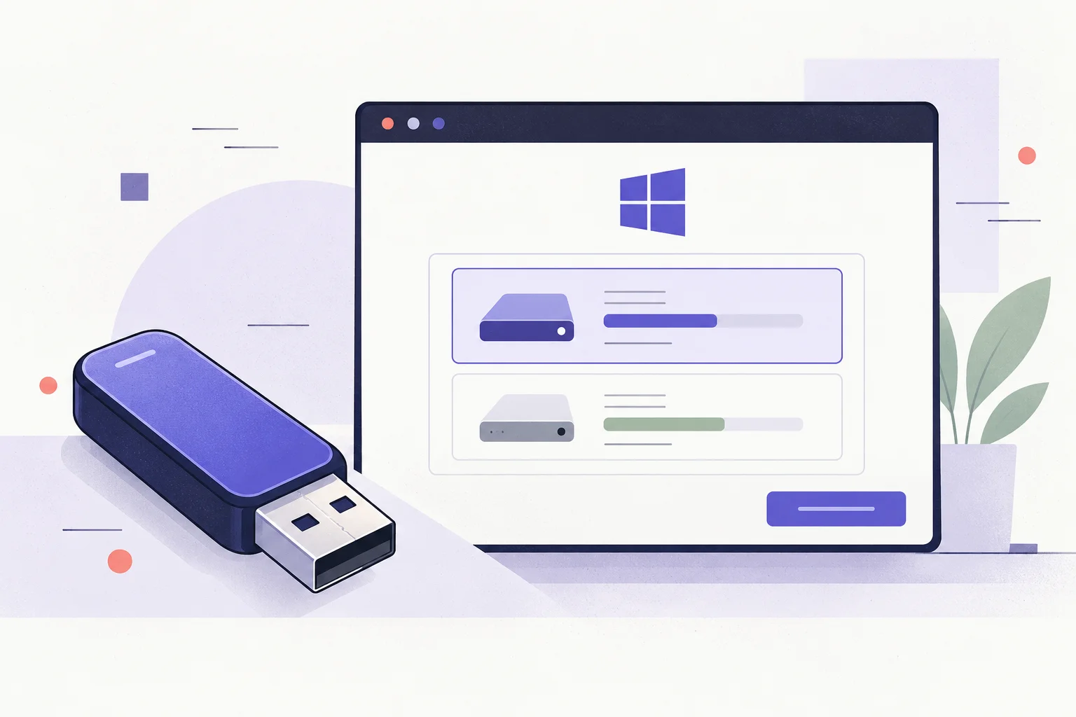 A USB flash drive beside a desktop installation window with two clearly separated disk shapes