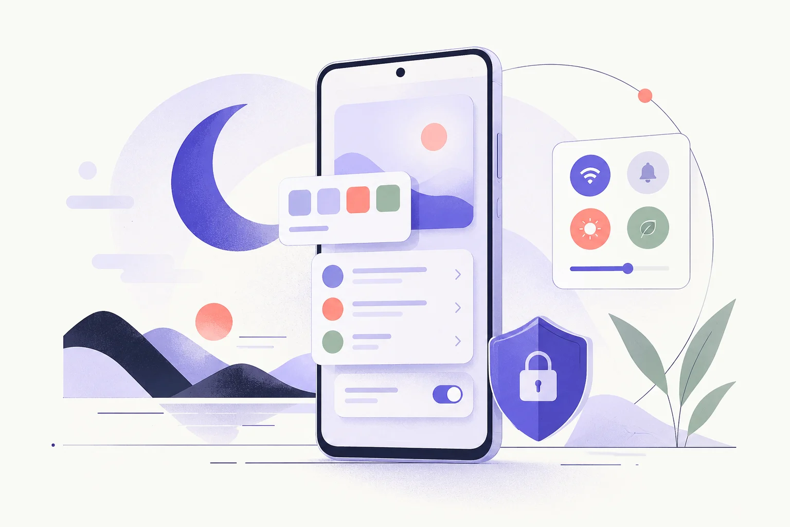 MIUI 12: a look back at Xiaomi's 2020 update A phone outline with stacked pastel interface cards, a crescent shape and a small privacy shield