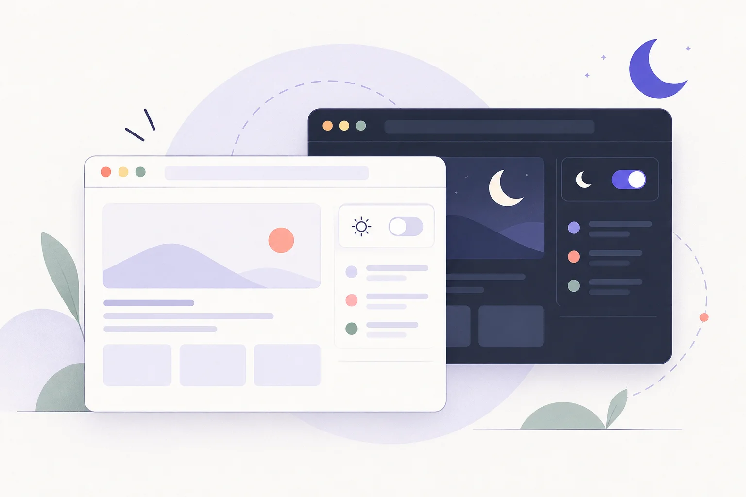 Chrome dark mode on Windows: use the theme settings A light browser window overlapping a dark browser window, with a small crescent moon