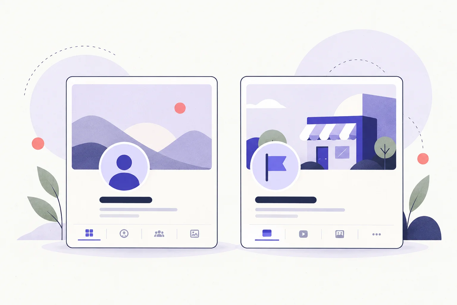 A personal profile card and a page-style card side by side with distinct simple silhouettes, no people