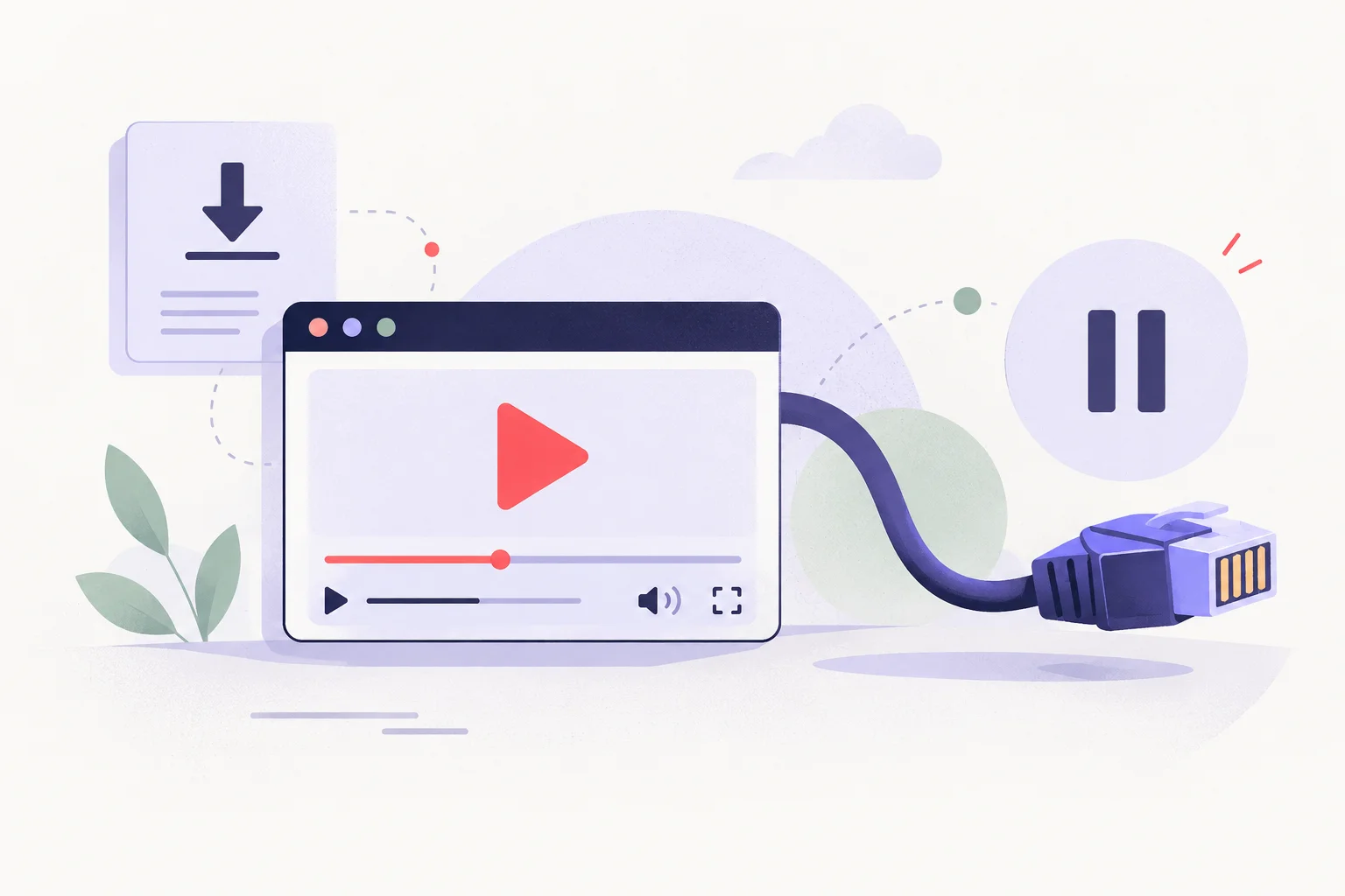 A small media player window, a play triangle and a network cable with a restrained pause symbol