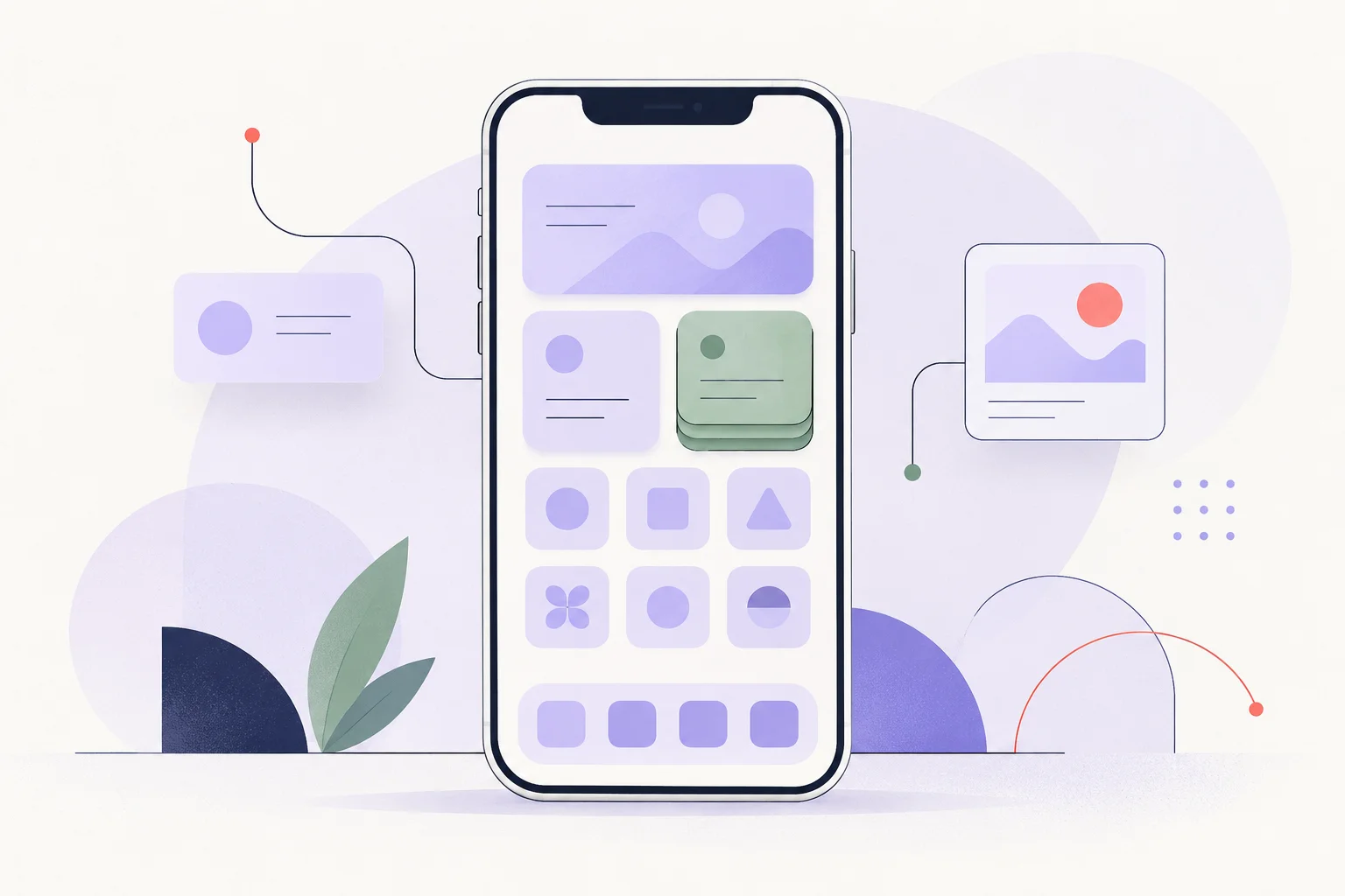 iOS 14: widgets, App Library and the 2020 release An ivory phone outline with an orderly grid of lavender widget blocks and one sage stack