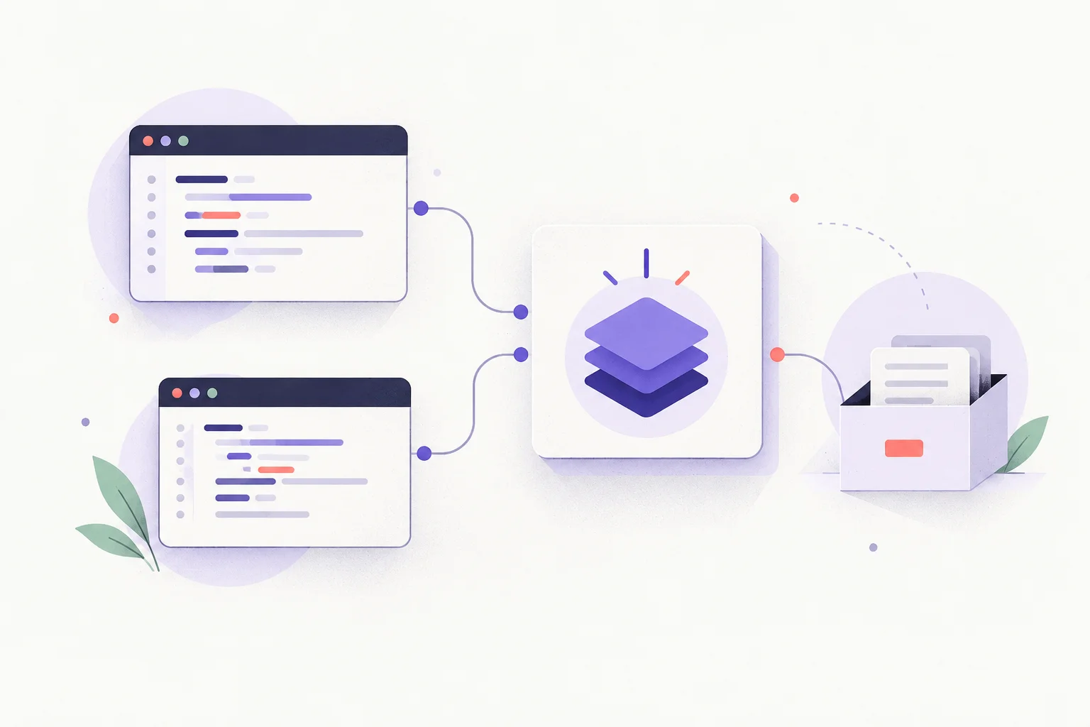 Two small code-window cards connected to one newer abstract version tile and a tiny archive box