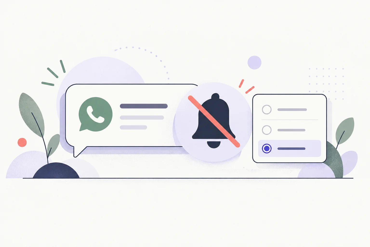 WhatsApp's Always mute option: the 2020 change A chat bubble and a softly crossed notification bell beside a short three-option settings card