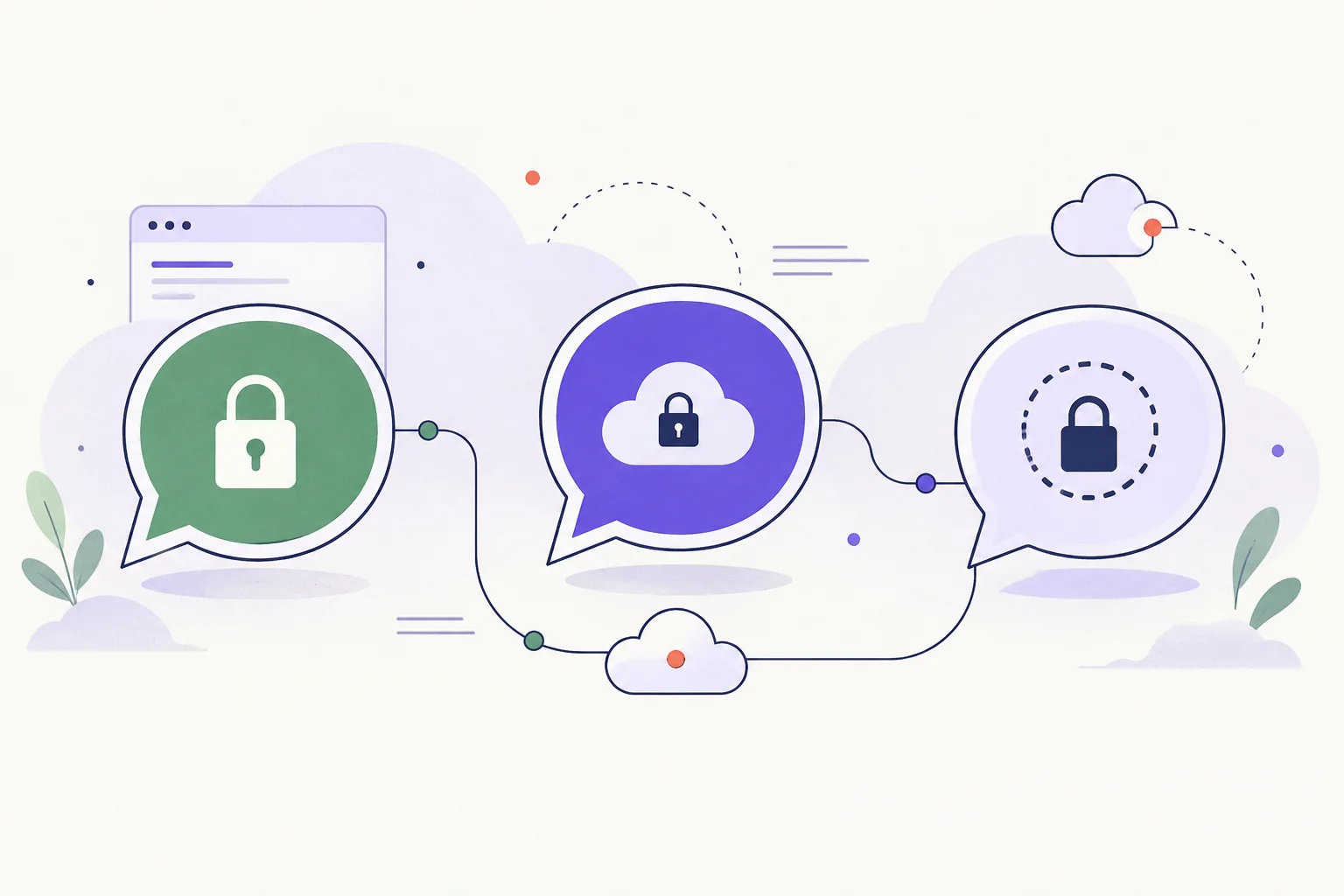 WhatsApp, Telegram and Signal: revisiting the 2021 privacy debate Three neutral chat bubbles with different small lock and cloud motifs connected by thin lines