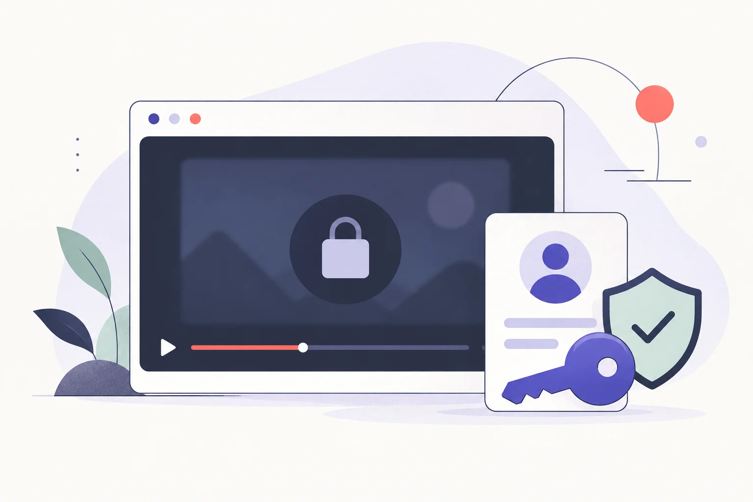 A video player card behind a simple account key and shield, no age numerals or human figures