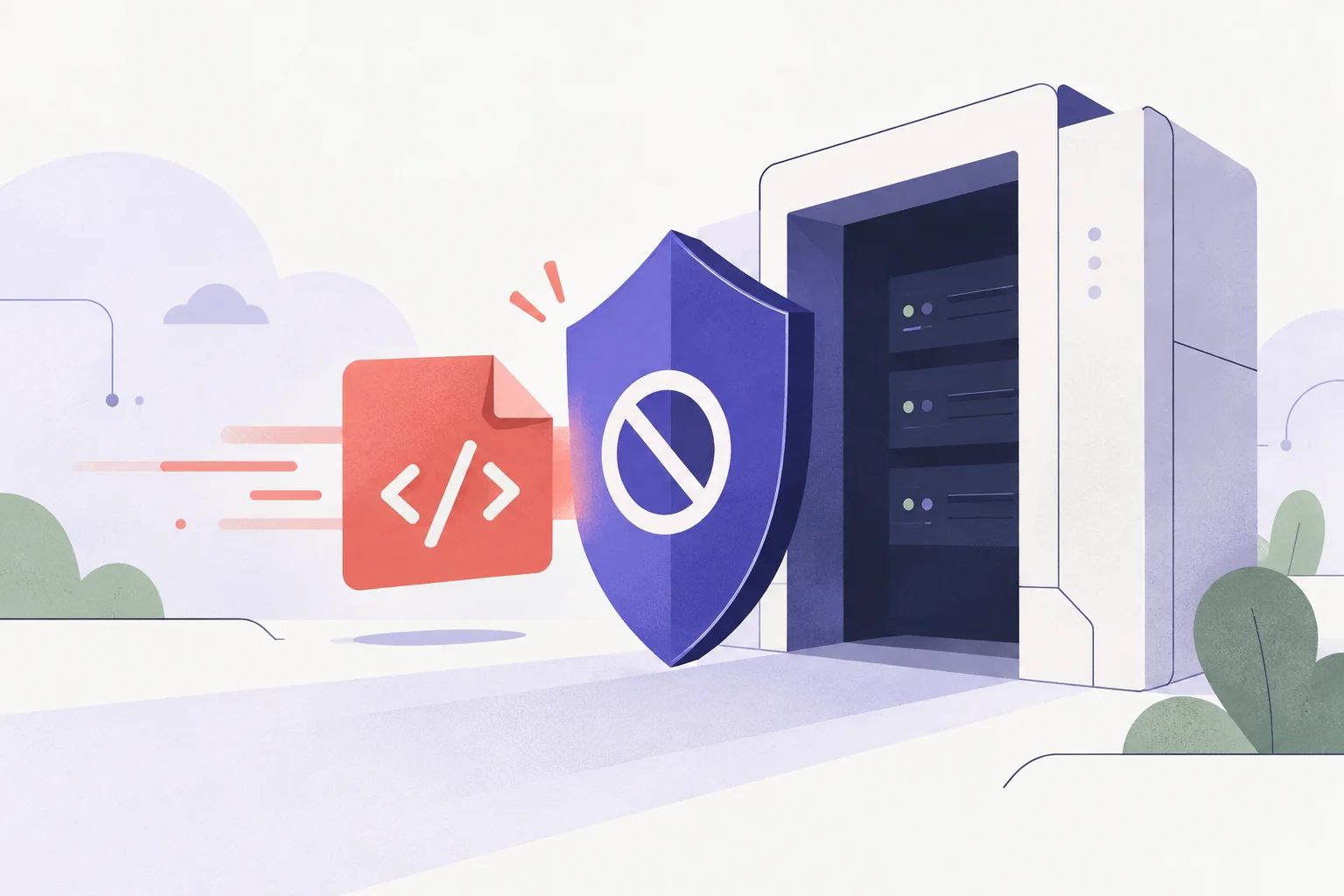 An uploaded file approaching a guarded server doorway, with a violet shield stopping a coral code tile