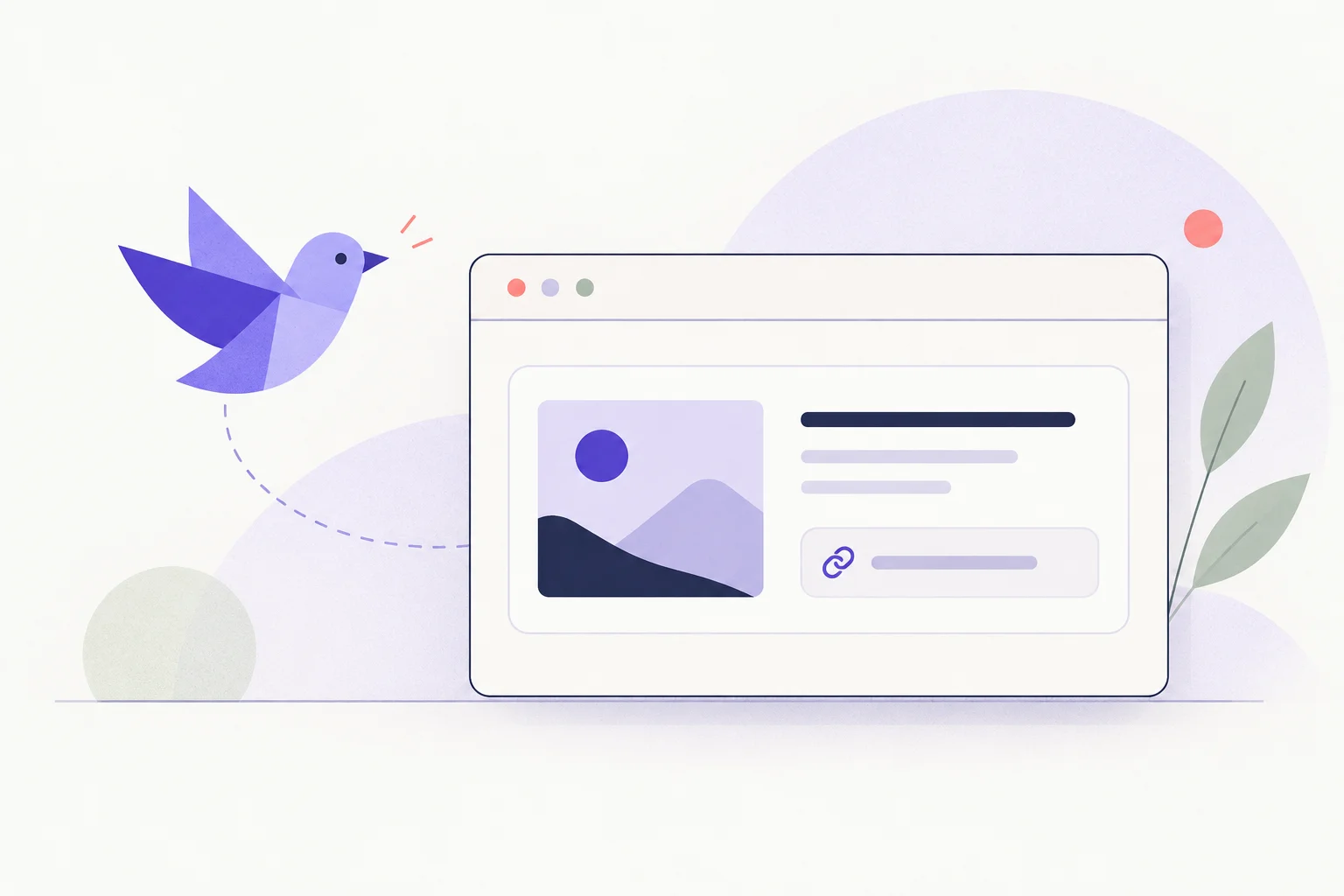 Replacing an old animated Twitter widget A pale browser frame with one small bird-like abstract paper shape outside it and a clean link card inside